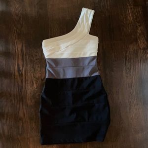 White, grey, and black one shoulder formal dress